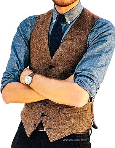 JinXi Herringbone Six Button Mens Slim Trim Fit Tuxedos Suits Vest