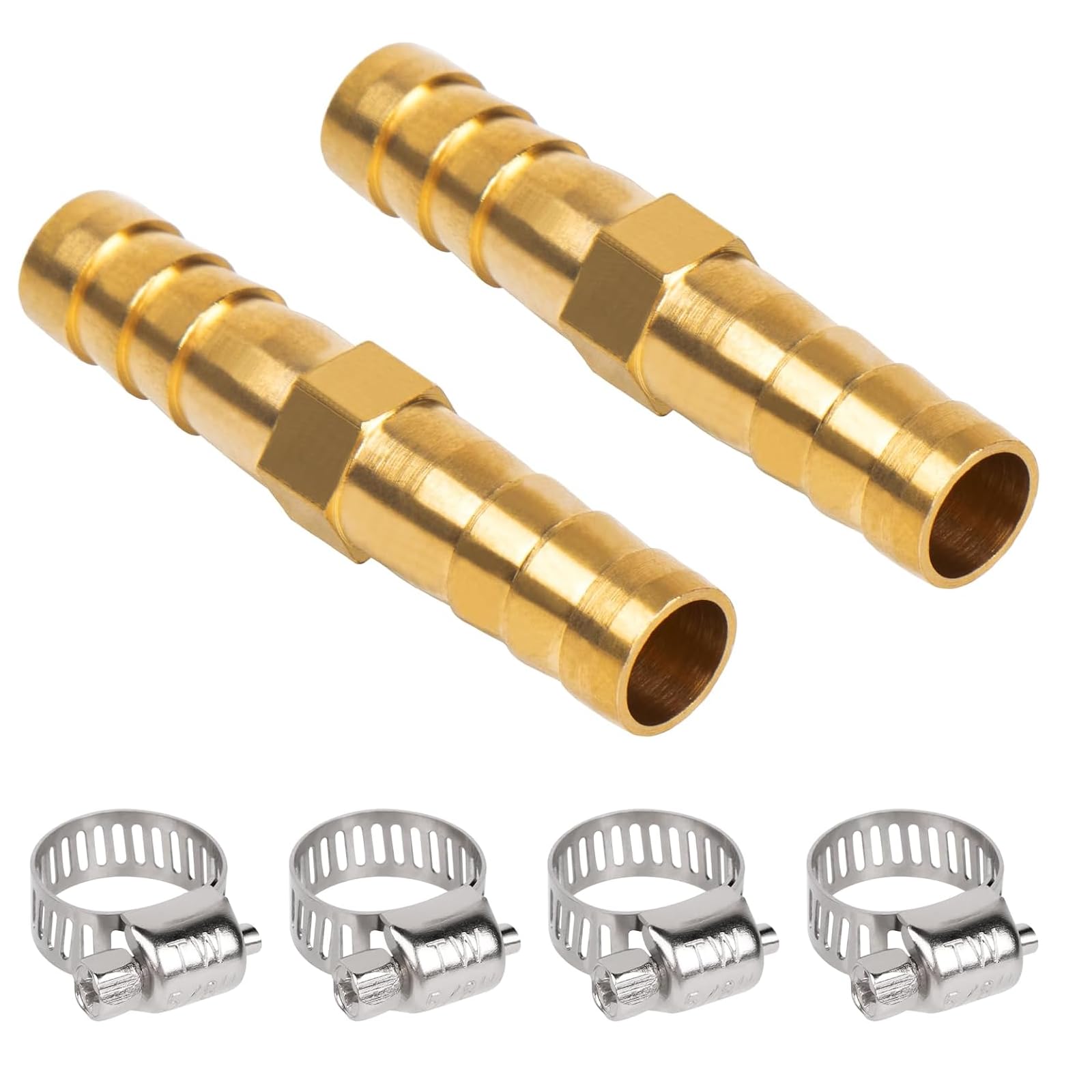 Photo 1 of JUWO 5/16" Barb Fitting, Brass Hose Barb Union Splicer, Heavy-Duty and Leak-Free Hose Repair Kit for Air, Water, Fuel Line, 4 Stainless Steel Clamps Included, 2 Pack