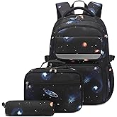 Mildame Galaxy Backpack for Boys with Lunch Box Set, 3Pcs Boys Bookbag for Elementary, 3 in 1 Teens Space Printed School Bag