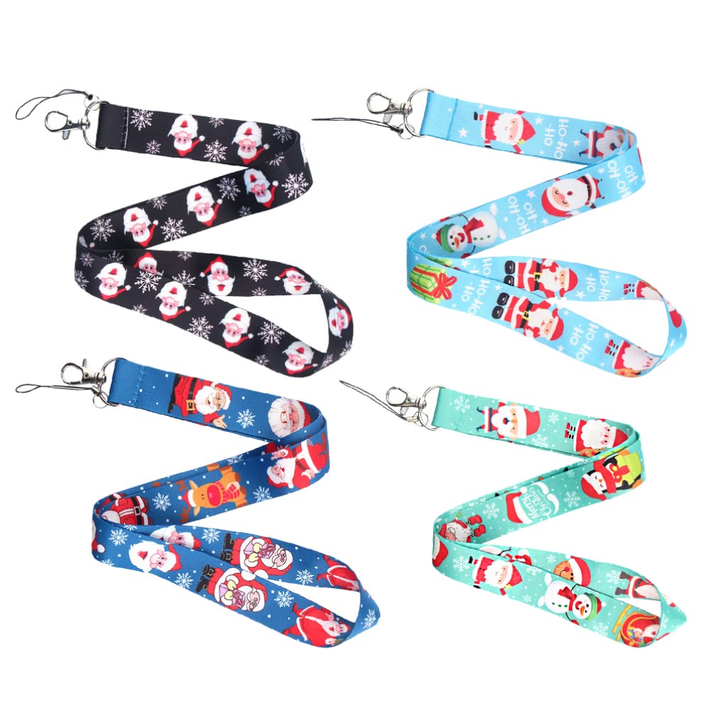 SOLUSTRE Christmas Badge Keychain Lanyards Holder: 4 Pieces Phone String Strap with Santa Snowman Reindeer Snowflake Hook Xmas Holiday Gifts for Keys Mobile Phone Wallet ID Card