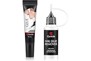 Curvlife 10g Semi-Solid Glue and 20ml Pinpoint Glue Remover Kit - Gel for Press on Nails, Quick Dry No UV Lamp Needed with Gentle Non-Acetone Remover, Fake Nail Tips