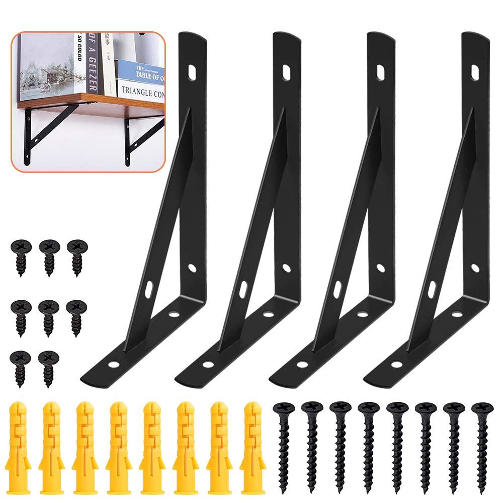 GoHoKi Wall Mount Shelf Brackets - Balck Metal Stainless Steel - Heavy Duty Triangle Shape - 95x150mm 250lbs Capacity 4 pcs