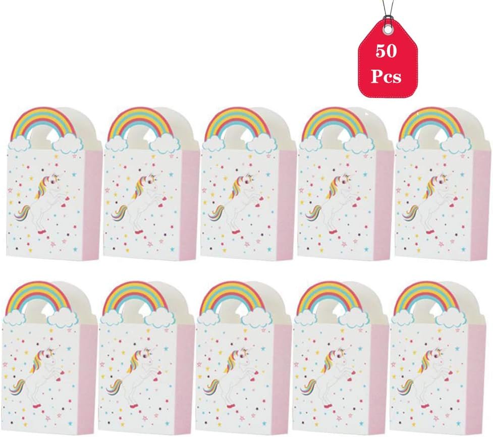 DreamJing 50 Pack Birthday Party Bag Unicorn Paper Gifts Bags Rainbow Handles Party Favor Treat Bags for Wedding Birthday Party Supplies(8*3*14cm)