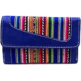 Mia Jewel Shop Multicolored Tribal Striped Print Leather Trifold Wallet ID Window Card Slots - Womens Fashion Handmade Bags Boho Travel Accessories (Blue)