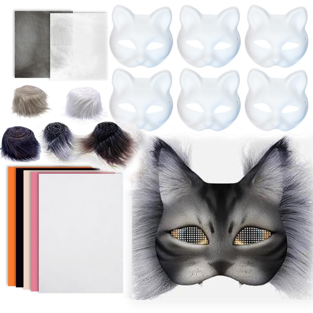 Yuelulala Therian Mask Set, Therian Mask Kit with Wool Strip, Faux Therian Cat Mask, DIY Paint for Cosplay Halloween Parties Adults (A163-1)