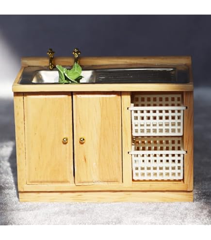 Fregadero De Cocina En Miniatura Escala 1:12 – Madera Marrón Con Puerta Abatible, Ideal Para Casa De Muñecas Vintage
