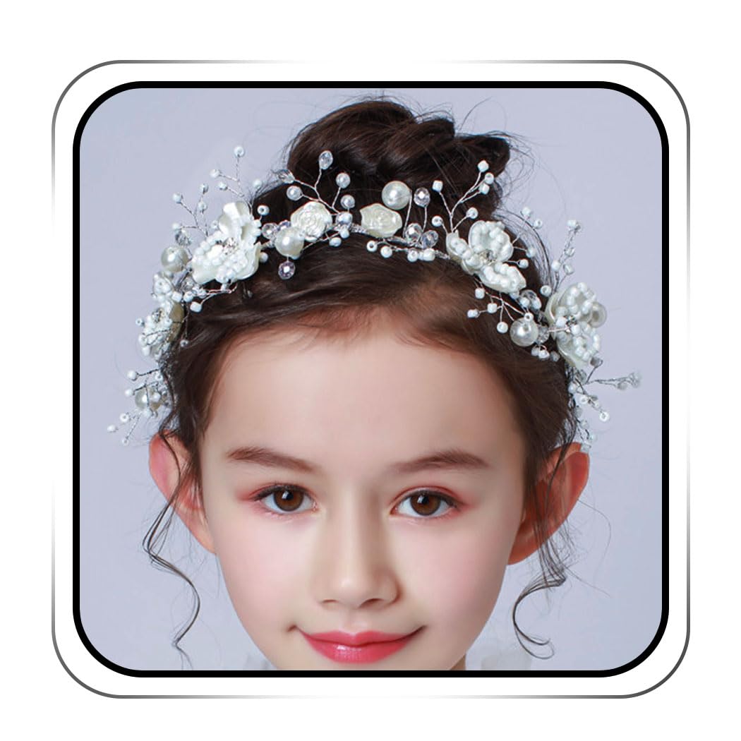 IYOU Flower Girls White Heapiece Pearl Bridal Hair Dress Prom Holy Communion Hair Accessories for Women and Girls