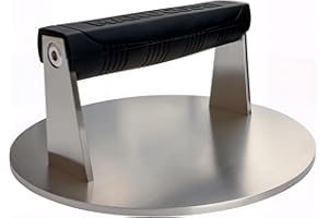 Manucode Stainless Steel Burger Smasher 3.25 LB – 8 Inch Steak Weight for Smash Burgers, Bacon, Sandwiches | Dishwasher Safe, Preheatable Protein Press with Silicone Handle | Commercial BBQ Tool