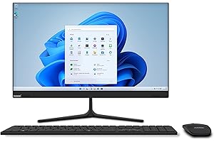 Fusion5 23.8" Full HD IPS All-in-One Desktop Computer with Windows 11 - Quad-Core, 4GB RAM, 128GB SSD, Dual-Band WiFi, Expandable HDD - AIO PC with Front Camera, Wireless Keyboard, Mouse