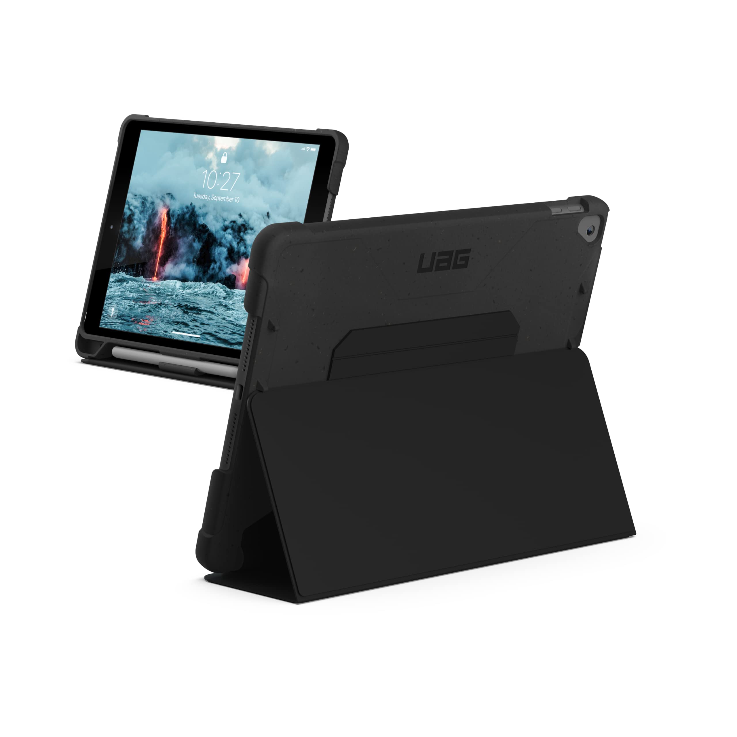 Urban Armor Gear Outback-Bio Case Apple iPad 10.2 Case (2021/2020 2019) Biodegradable [Case with Stand Function, Wake Sleep, Magnetic Front Flap, Pencil Holder] Black, 121915114040