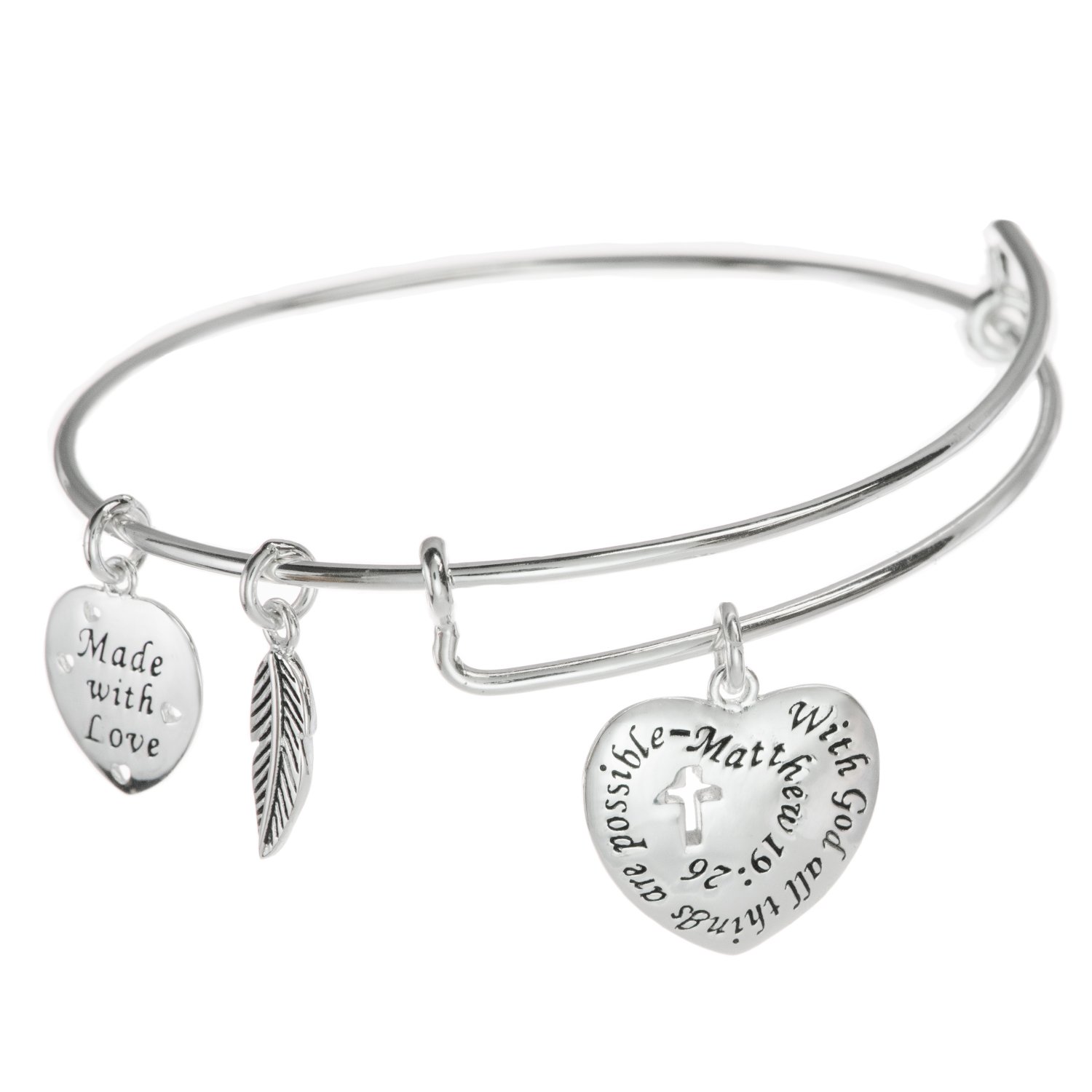 Qina C. Sterling Silver Christian Cross With God All Things Are Possible Heart Leaf Charm Ajustable Wire Bangle Bracelet