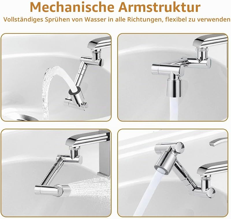 Drehbarer Wasserhahn Aufsatz, 1440 Grad Drehbarer Multifunktionaler Wasserhahn Verlängerungshahn, Wasserhahnaufsatz mit 2 Einstellbarer Adapter, Wasserhahnverlängerung für Bad und Küche — Foto 6 von 7