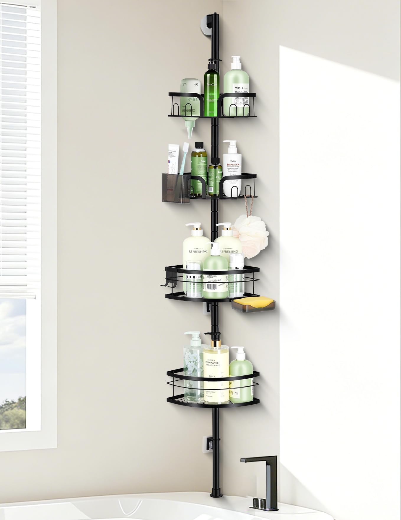MEIJO Shower Pole Caddy Corner, 4-Tier Adjustable Shower Shelves with Soap Holder & Hooks, Standing Shower Caddy Corner for Renters/Family, Self-Adhesive or Drill Mount 30-75 Inch, Black