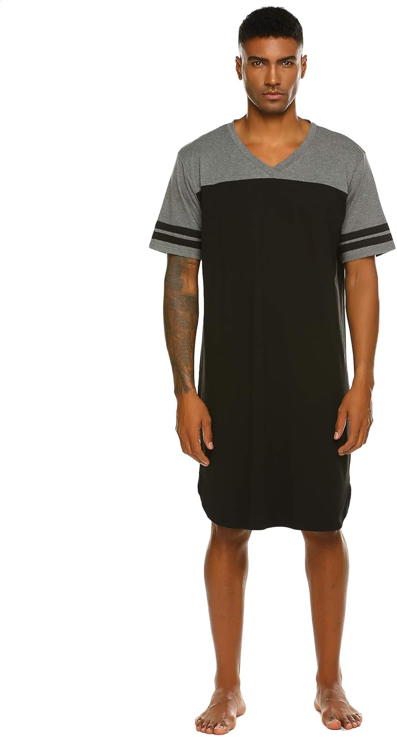 Chemise de nuit pour homme à manches courtes Col en V Longueur genoux Chemise de nuit