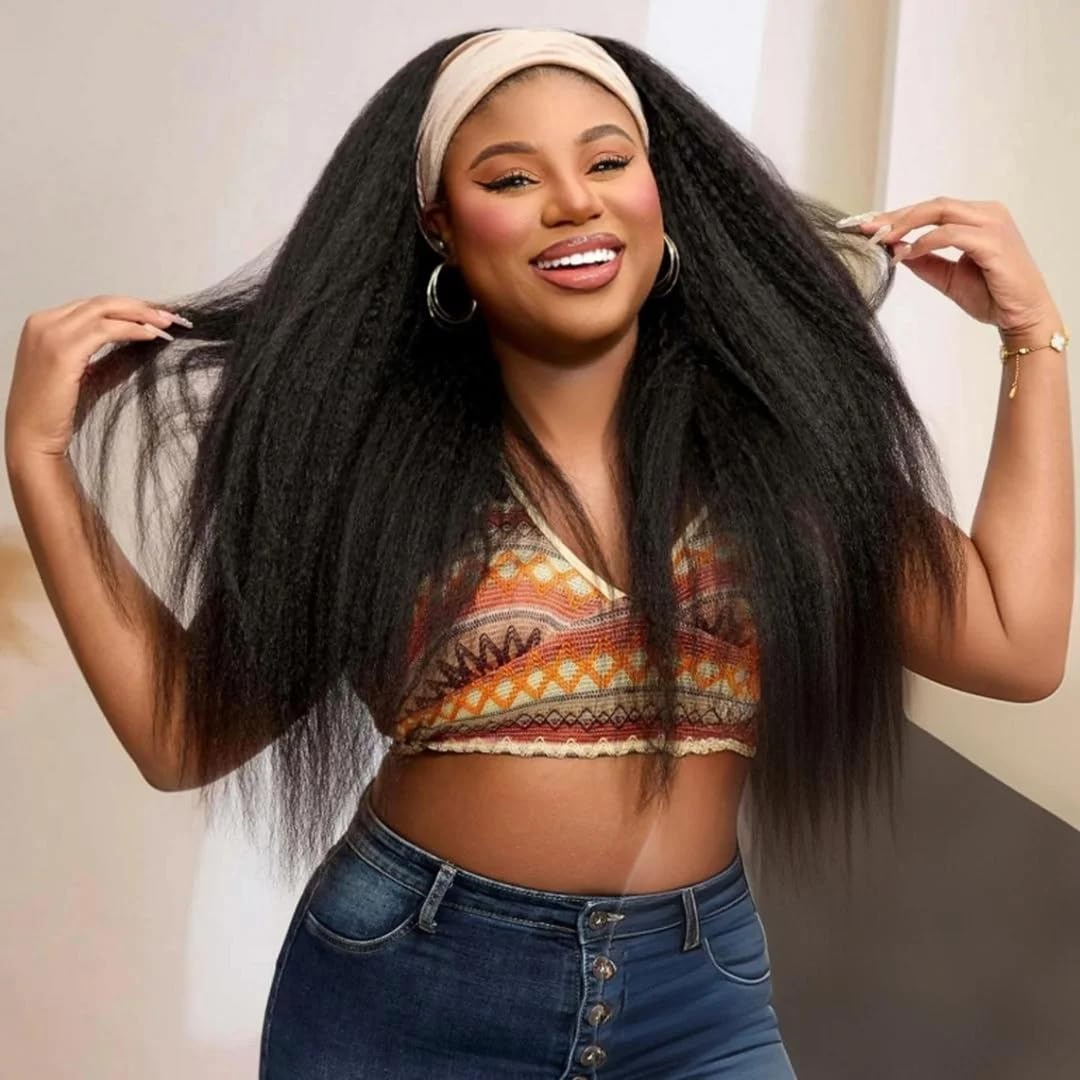 Headband Wig For Women Kinky Straight Headband Wigs Human Hair 26 Inch Yaki Straight Human Hair Wigs With Headband Brazilian Virgin Hair Wear And Go Glueless Wigs Human Hair Long Half Wig