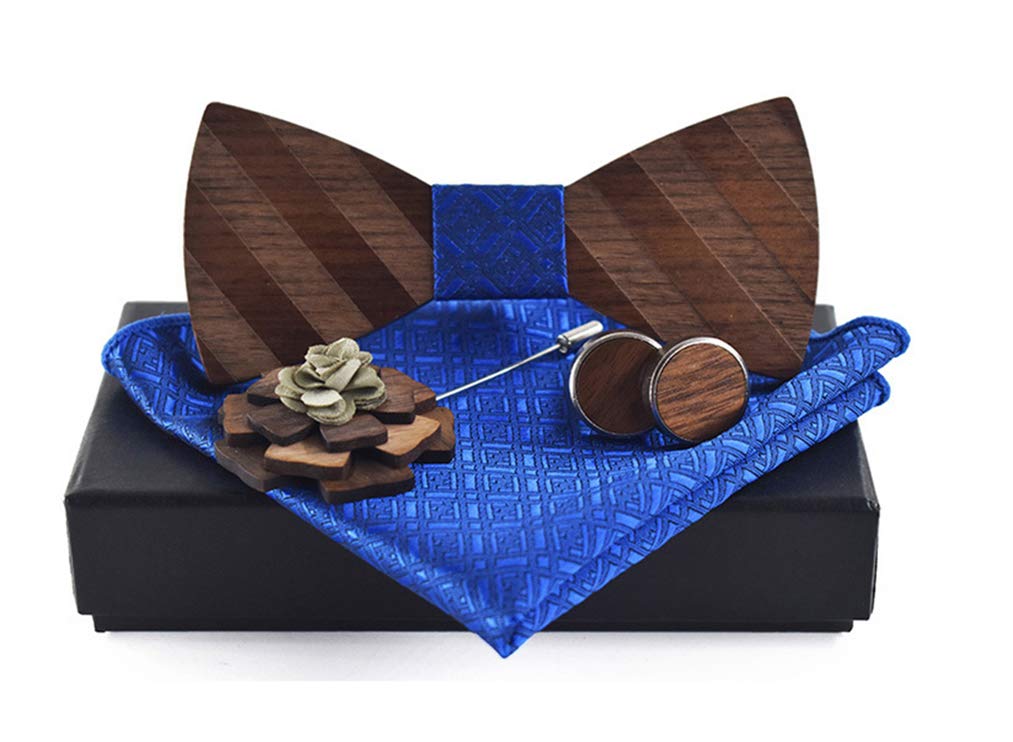 Men Royal Blue Party Banded Pre-tied Wood Bow Ties