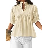 Cicy Bell Womens Puff Sleeve V Neck Blouse Babydoll Peplum Tops Dressy Casual Pleated Loose Fit Shirts