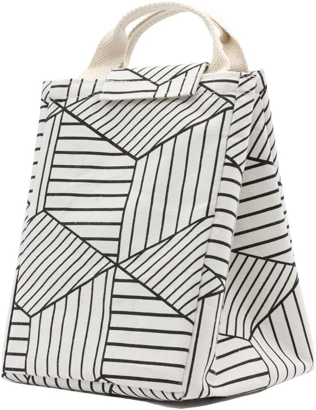 Mziart Reusable Lunch Bag, Foldable Canvas Lunch Tote Travel Bag Lunch Box Holder Bento Cooler Bag for Women Men Adults (Geometric Pattern - White)