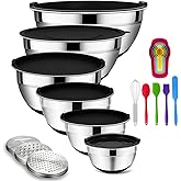 Rottay Mixing Bowls Set with Airtight Lids, 20PCS Stainless Steel, Nesting Bowls with 3 Grater Attachments & Non-Slip Bottoms, Size7, 4, 3, 2, 1.5, 1QT Bowls for Baking&Prepping