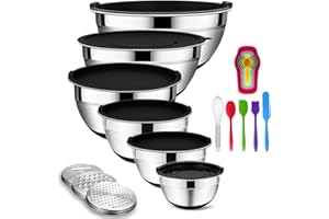 ROTTAY Mixing Bowls Set with Airtight Lids, 20PCS Stainless Steel, Nesting Bowls with 3 Grater Attachments & Non-Slip Bottoms, Size7, 4, 3, 2, 1.5, 1QT Bowls for Baking&Prepping