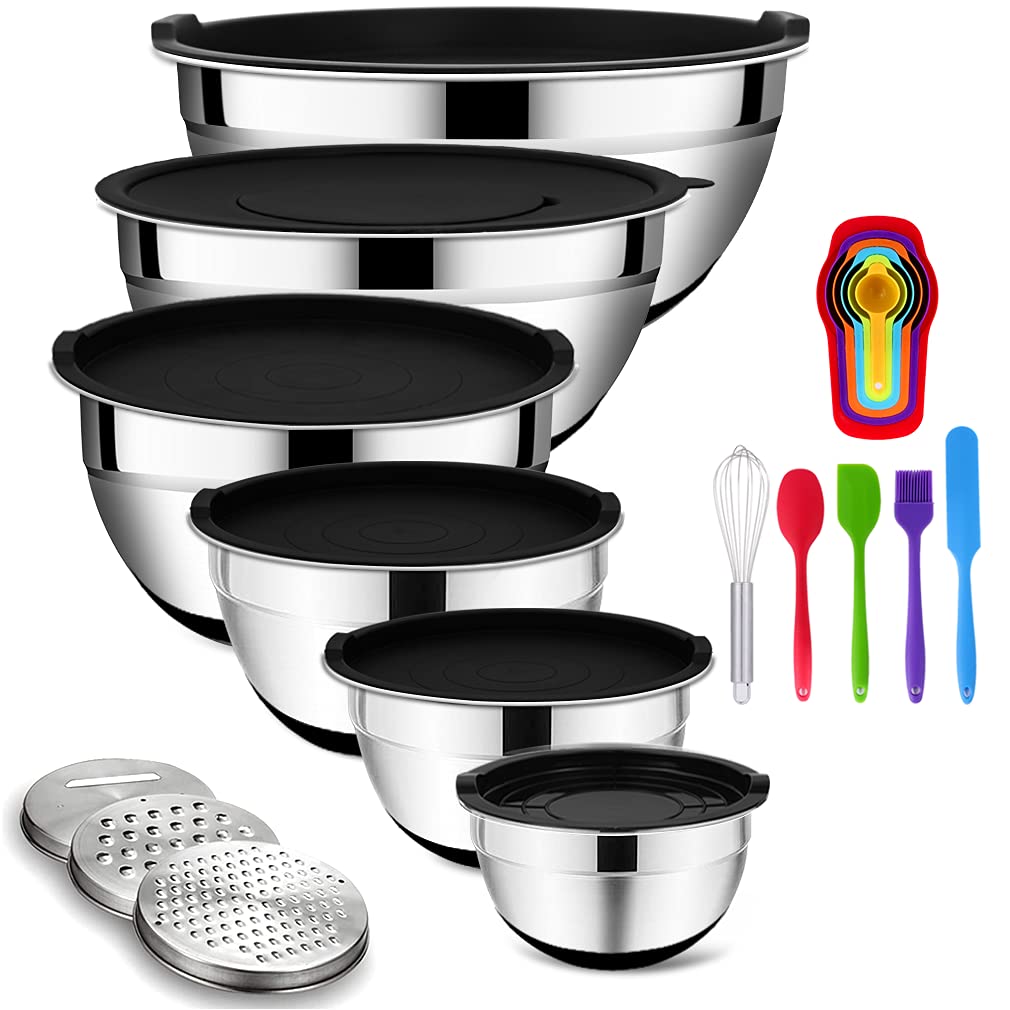 Rottay Mixing Bowls Set with Airtight Lids, 20PCS Stainless Steel, Nesting Bowls with 3 Grater Attachments & Non-Slip Bottoms, Size7, 4, 3, 2, 1.5, 1QT Bowls for Baking&Prepping Image