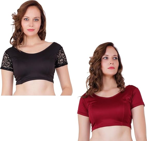 Lycra Cotton Women's Readymade Saree Blouse Pack of 2 Blouses(Black & Maroon)