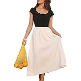 CUPSHE Womens Party Maxi Dresses Short Sleeve Ruched Color Block Casual High Waist A Line Wedding Guest Summer Dress