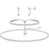 Luxval Tennis Necklace Set for Women Tennis Bracelets Diamond Earrings Sterling Silver Necklace Wedding Jewelry for Bride Silver Jewelry Sets for Women Gift
