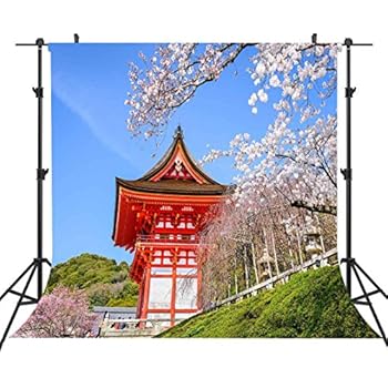 Natural Photography Backgrounds 6FTx6FT Japanese Red Architecture Backdrop Beautiful Cherry Blossoms Holiday Background Blue Sky Natural Scenery for Studio Shooting Background or YouTube ST660250