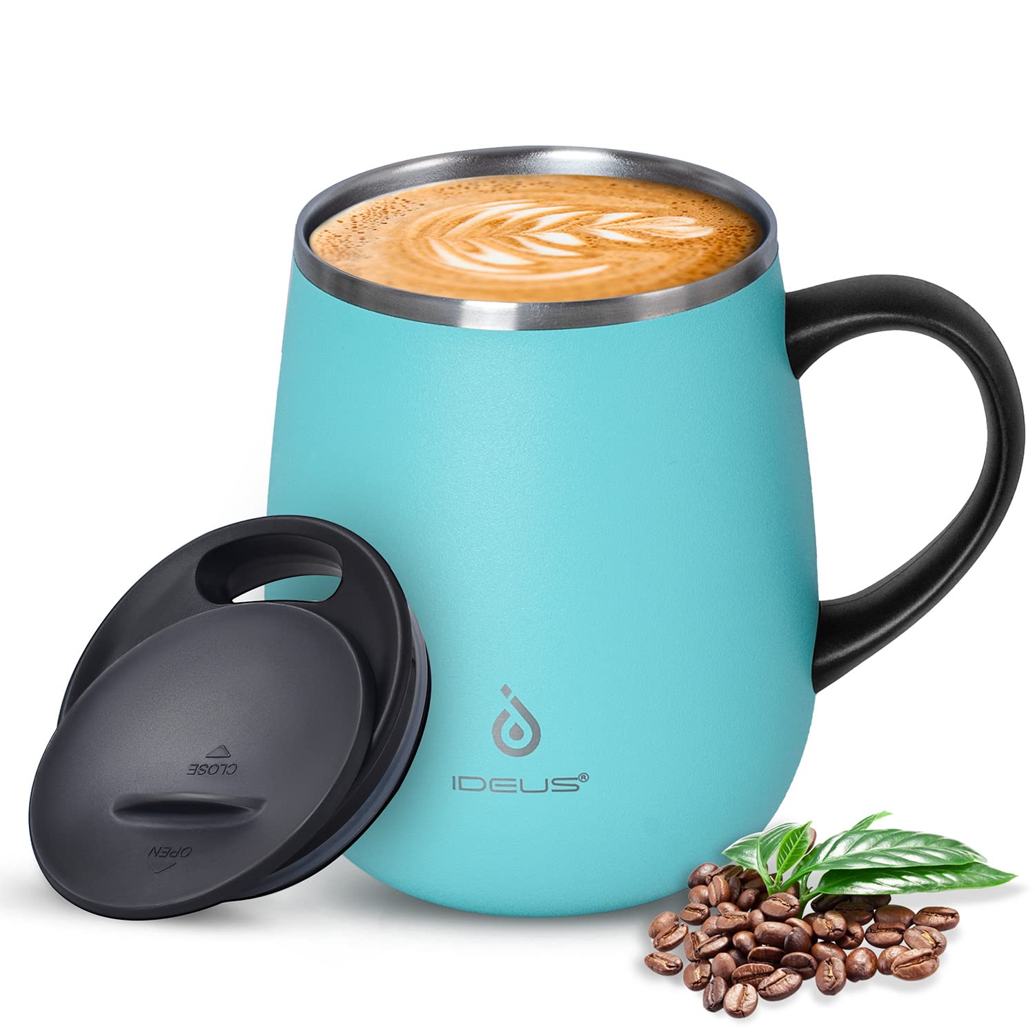Ideus Coffee Mug 470ml (16oz), Double Wall Vacuum Insulated Stainless Steel Coffee & Tea Cup w/Non-Slip Handle & Slider Module Lid & Large Volume (Light Blue) — image 1