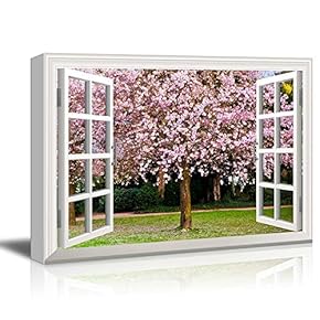 Creative Window View Canvas Prints Wall Art - Sakura Flowers Blooming - 24" x 36"