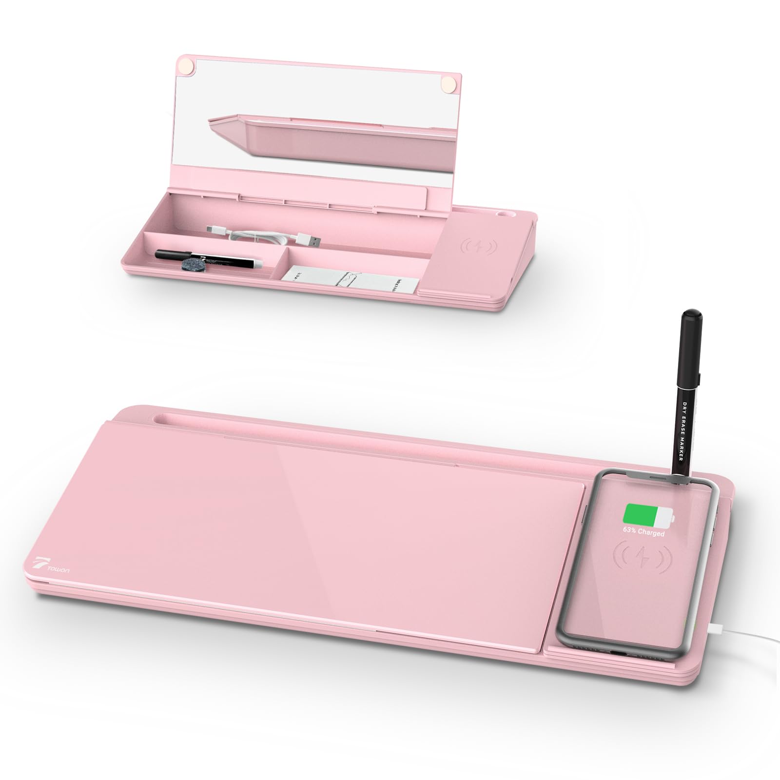 TOWON Desktop Glass Whiteboard with Wireless Charger Station, White Board Organizer for Desk Charger, Desk Whiteboard with Storage and Device Charging, Deskboard Buddy with Charger, Pink, 34 x 17 CM