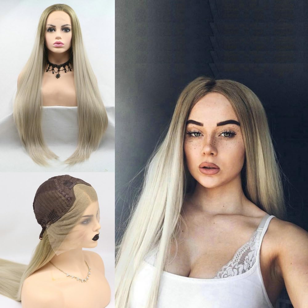 13x3" Pre Plucked Long Straight Blonde Ombre Synthetic Lace Front Wigs for Women Daily Cosplay Use Golden Blonde Ombre Heat Resistant Fiber Hair Replacement Party Wedding Wigs Side Parted