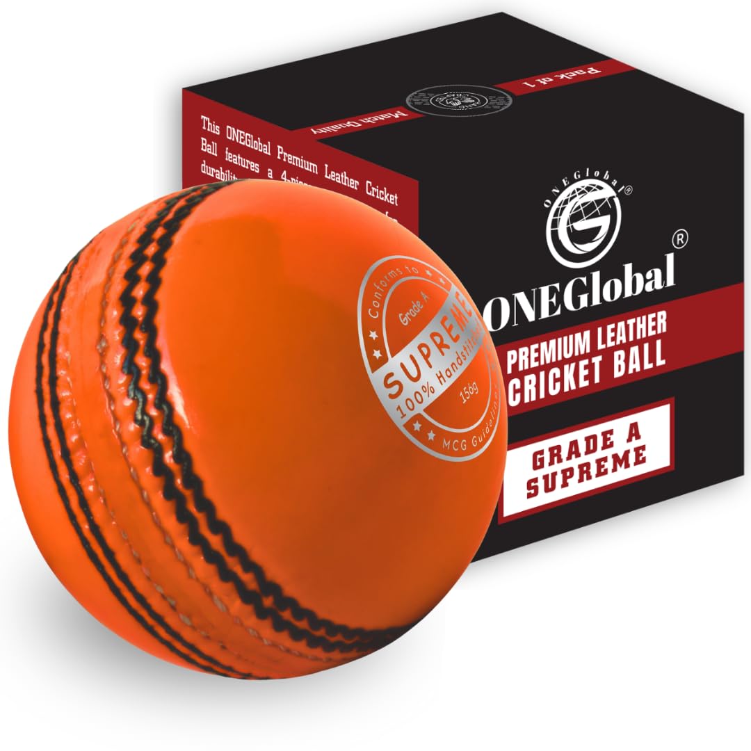 Genuine Leather Orange Cricket Ball 5.5oz | Handstitched 156g Leather Cricket Ball | Grade A Hard Cricket Balls (SENIORS, 1-Orange)