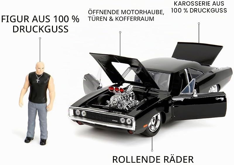 Toys Fast and Furious Modellauto Dodge Charger 1970 (19 cm) mit Dominic Toretto Figur (8 cm) - Film-Auto mit Teilen zum Öffnen, Spielzeug-Set aus Metall für Fans und Sammler ab 8 Jahre