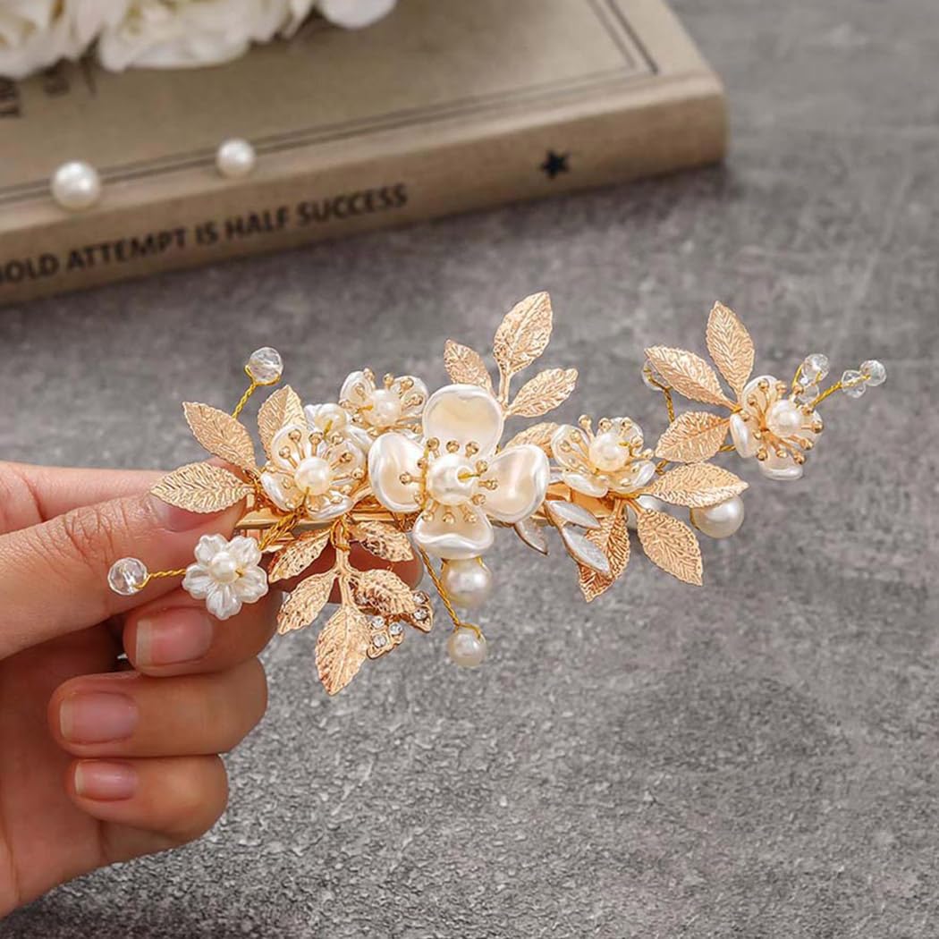 Photo 1 of JAKAWIN Bride Flower Wedding Hair Piece Leaf Hair Clip Pearl Headpiece Bridal Hair Accessories for Women FJ03 (Gold)