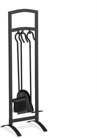 Relaxdays Fireplace Tool Set 4pc Black Steel Stand Poker Shovel Broom 73x21x21cm