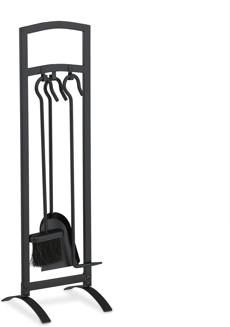Relaxdays Fireplace Tool Set 4pc Black Steel Stand Poker Shovel Broom 73x21x21cm
