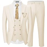 SPTALLFITJSV Men's 3 Piece Suits Slim Fit | Blazer Jacket Double Breasted Vest and Pants Suit Set with Gold Button for Wedding Prom Business