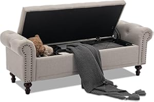 SOFTHION 58.1'' Storage Bench Upholstered Linen End of Bedroom Bed Bench Ottoman with Tufted Cushioned Rolled Arm Large Storage Space for Reading Living Room Entryway, Light Brown