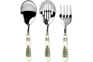 Spode Christmas Tree 3-Piece Stainless Steel Cutlery Set - Porcelain Handle Flatware with Meat Fork, Serving Spoon, & Slotted