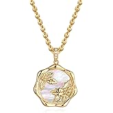 MTMY Birth Flower Necklace 14K Gold Plated Mother of Pearl Disc Birth Month Flower Pendant Necklaces for Women Personalized Custom Floral Jewelry Birthday Gift