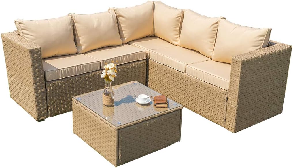 YAKOE V5CS8R-NOMR Outdoor Rattan Garden Furniture 5 Seater Corner Sofa Patio Set Sand with Cover