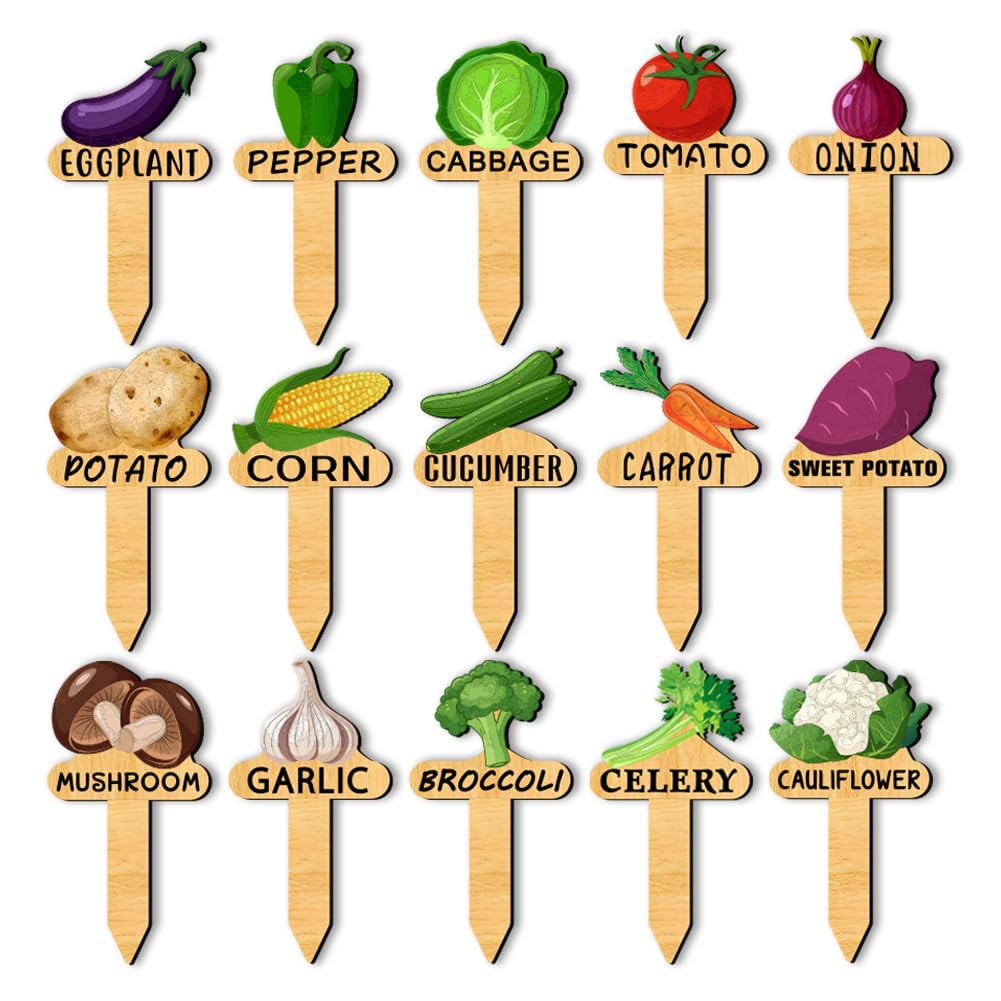 arricraft 15 Pcs Plant Name Markers, 15 Styles Vegetable Names and Patterns Garden Markers Wooden T Type Plant Labels for Vegetables Seedling Potted Plants Garden Stake Sign 6.35x12cm
