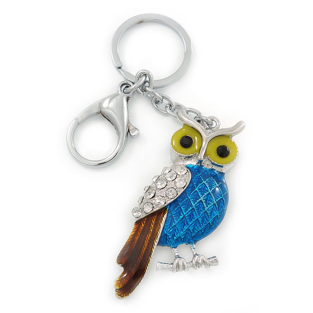 Avalaya Rhodium Plated Multicoloured Enamel, Crystal Owl Keyring/Bag Charm -11cm Length
