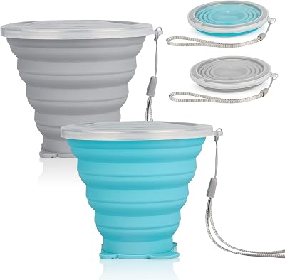 LFBEST 2 Pack Silicone Collapsible Cups 260ml Blue Grey Foldable Camping Cup
