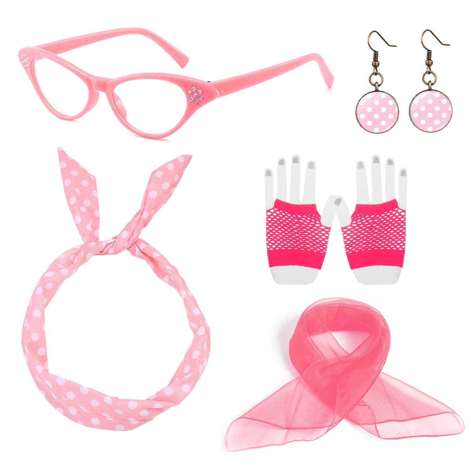 BEIIEB 50's Costume Accessories, Diamond-Encrusted Glasses Pink Headband Polka Dot Silk Scarf Vintage Earrings Fishnet Gloves, 1950s Vintage Polka Dot Accessories for Themed Parties, Disco Balls.