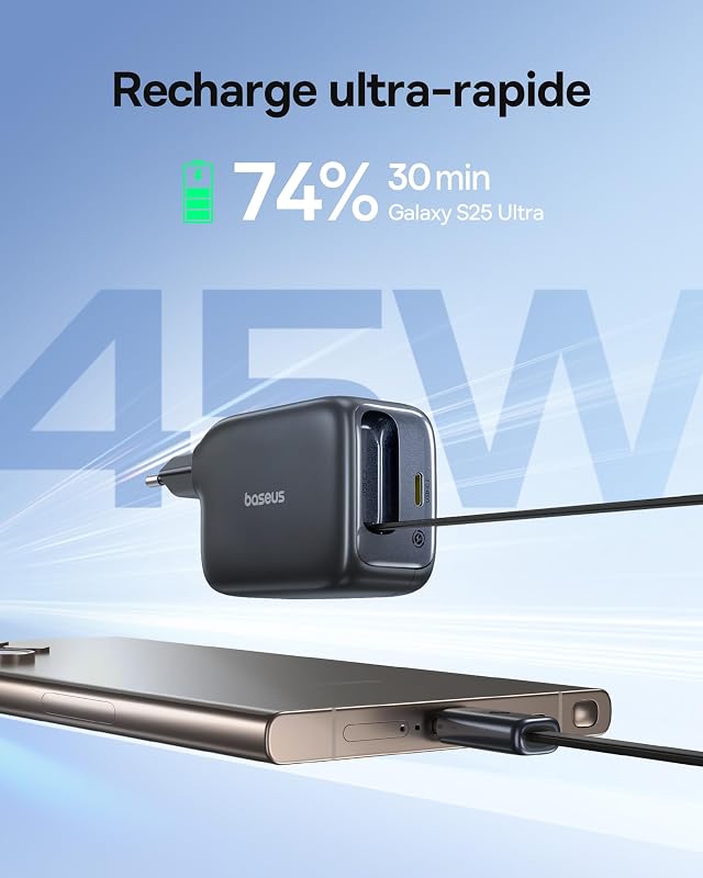 Chargeur USB C 45W, Baseus Enercore avec Câble USB-C Intégré, Chargeur iPad, Adaptateur Secteur À Charge Rapide PPS pour Galaxy S25 Ultra/S24/S23/Note, iPhone 17/16/15, Pixel, Câble Rétractable