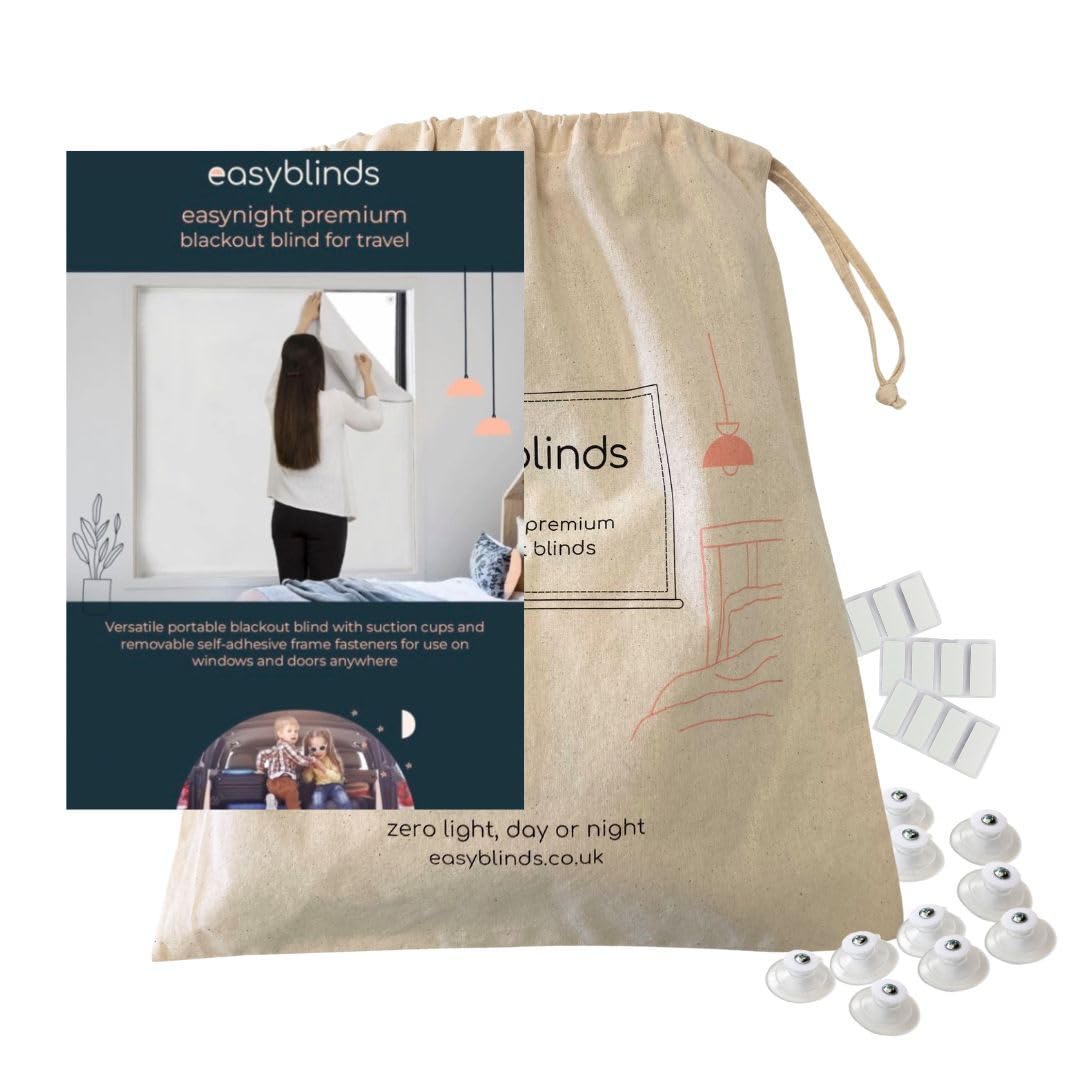 Easyblinds Easynight Premium Portable blackout blind for home and away, suction cups and self-adhesive attachments, BLACK, for windows up to 150x135cm, cut to any shape/size