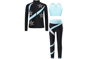 dPois Kids Girls Figure Skating Training Outfits Sparkle Zip Up Skating Jacket Sports Bra with Leggings Set